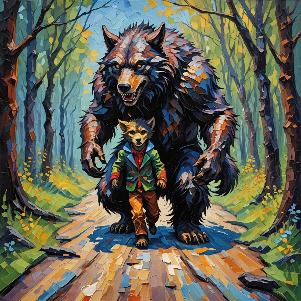 Werewolf and Cub Day Out: Impasto Oil Painting