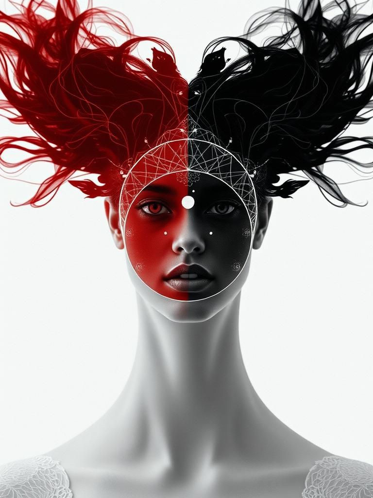 Yin-Yang Androgynous Wireframe Symmetry in Digital Art