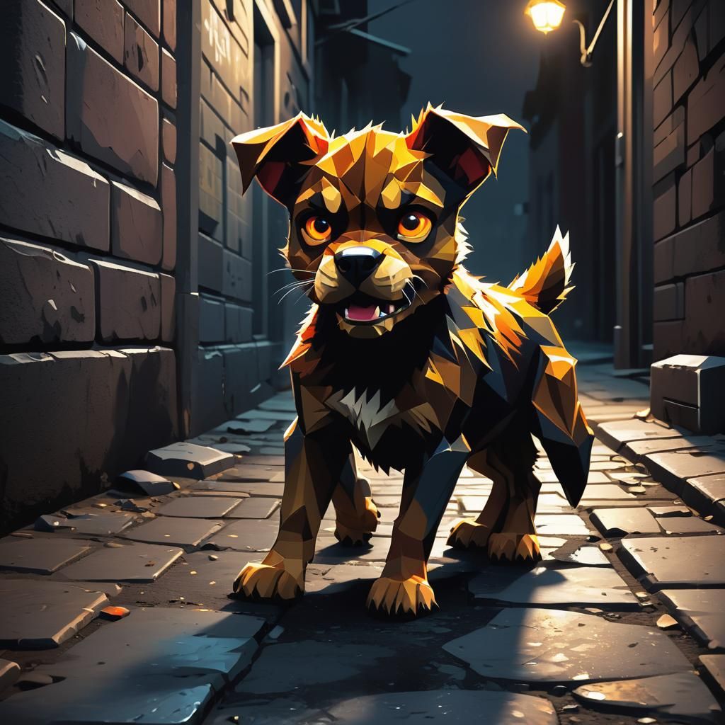 Angry Puppy Growls in Dark Alley: Low-Poly Art