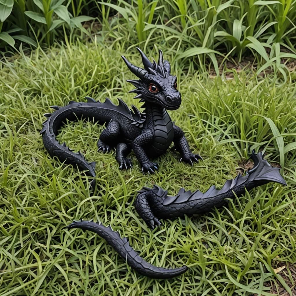 Cute Miniature Black Dragon Roosting on Grass