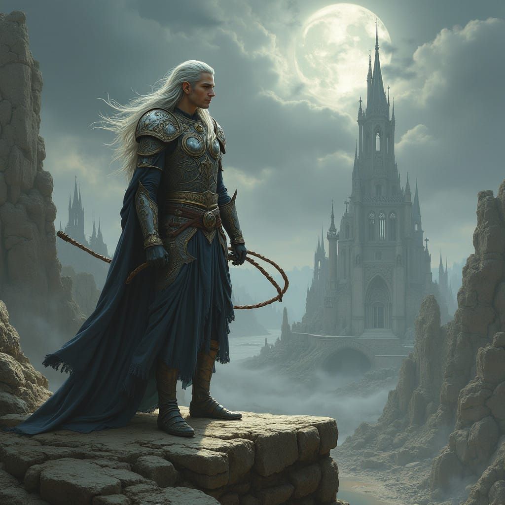 Ancient Elf Warrior in Battle-Scarred Landscape