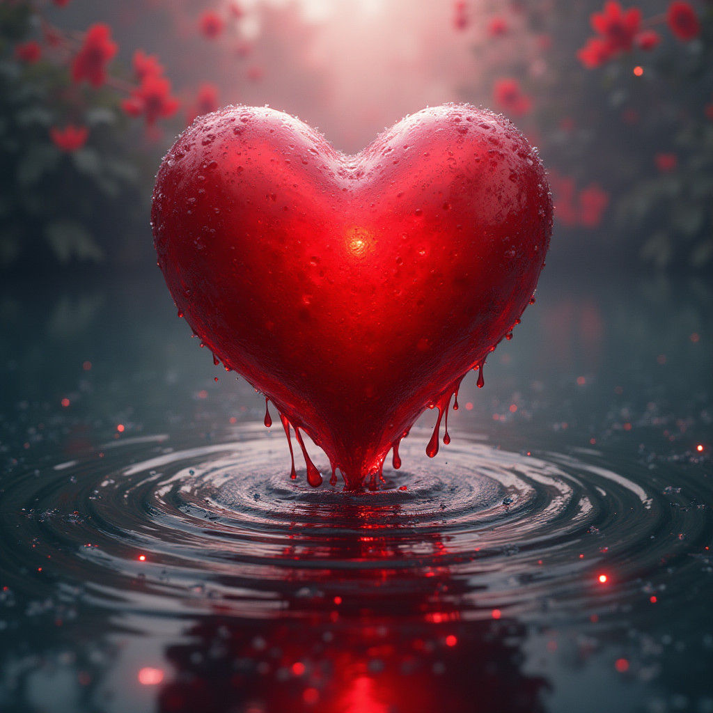 Ethereal Red Heart Suspended in Translucent Water