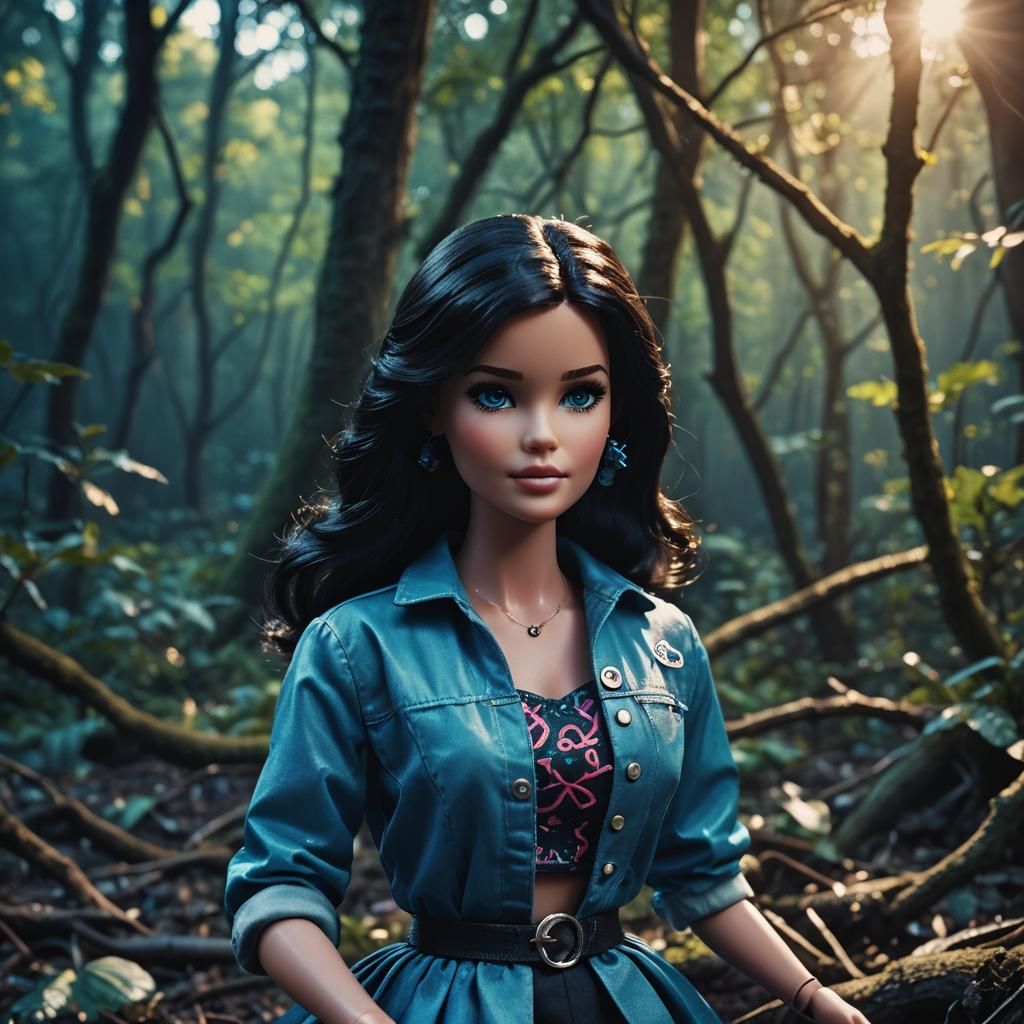 Cinematic Barbie Doll Film Still in Black and Blue