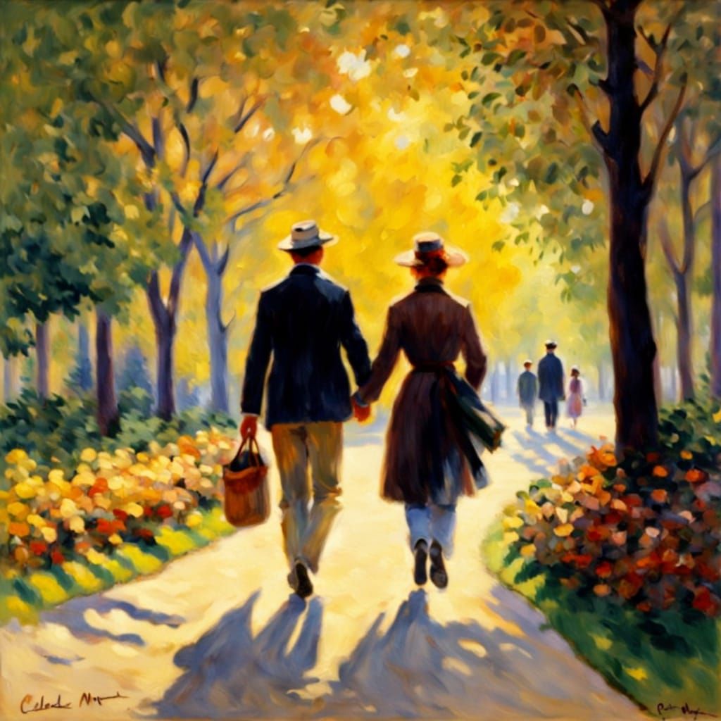 Impressionist Couple Stroll in Golden Autumn Park