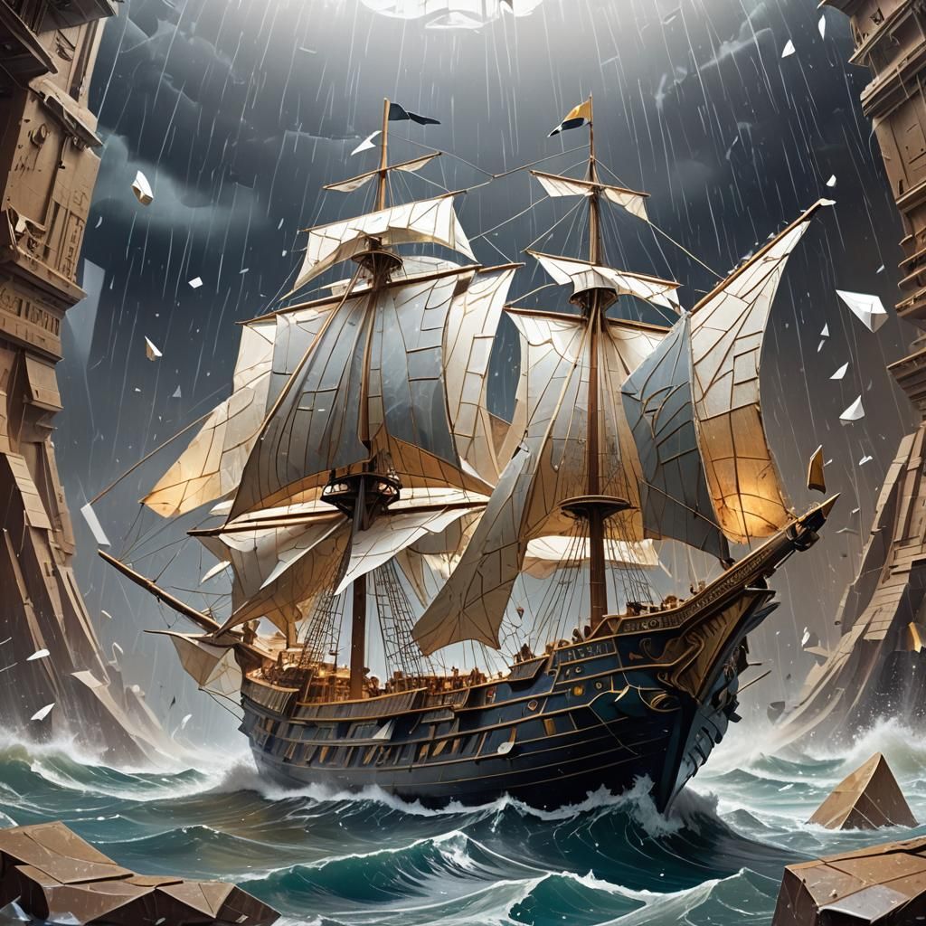 Glass Egyptian Ship in Storm, Papercraft Style