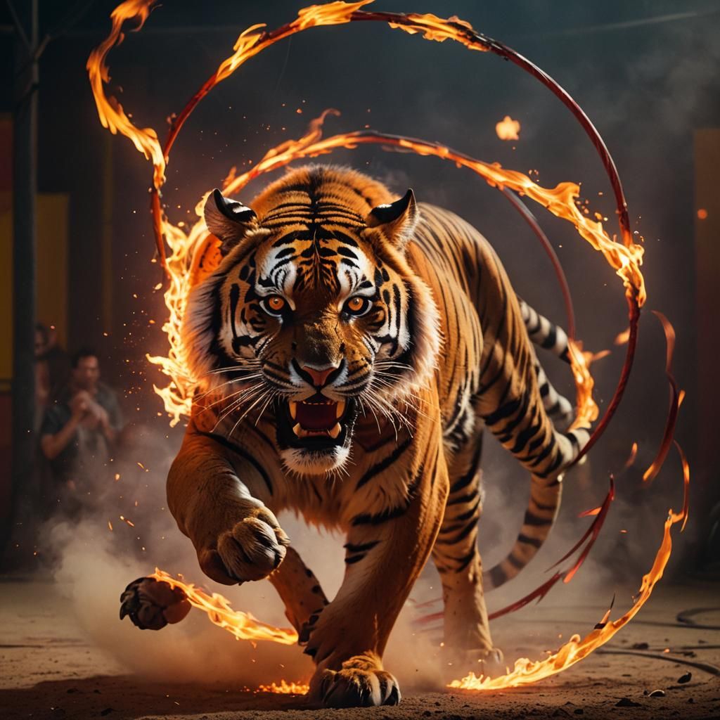 Fiery Red Light Tiger Jumps Through Burning Hoop