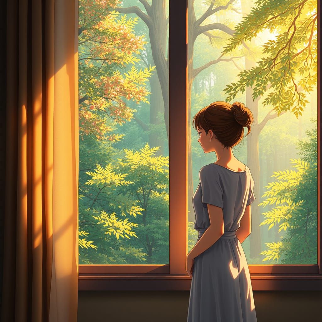 Woman Gazing at Forest in Anime Style