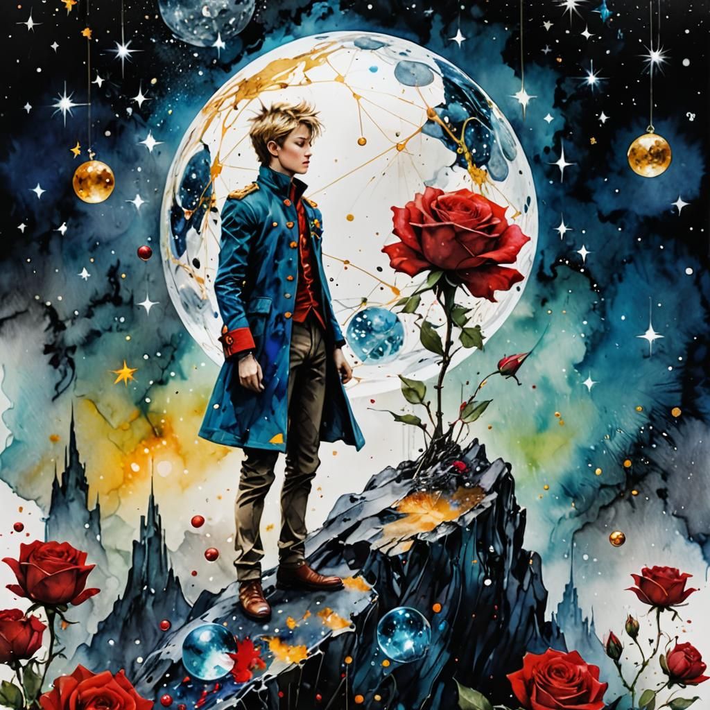 The Little Prince and Rose, Alcohol Ink and Watercolor
