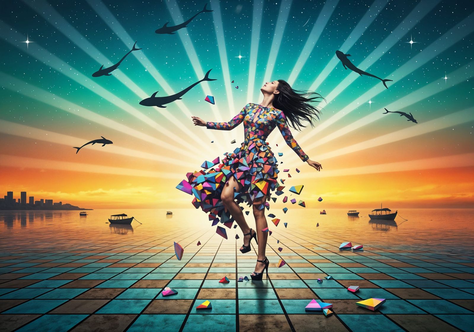 Surreal Woman Dancing in a Geometric Dress