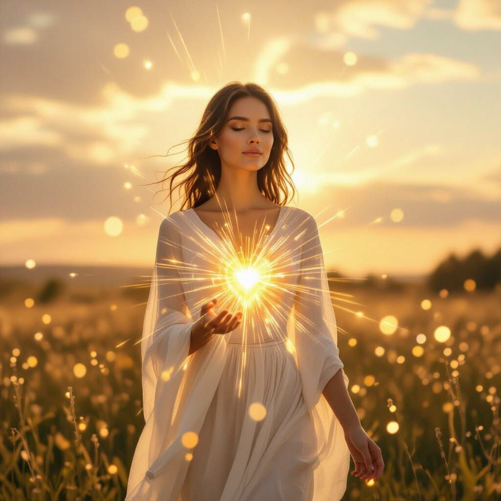 Radiant Figure Spreading Golden Light in Serene Landscape