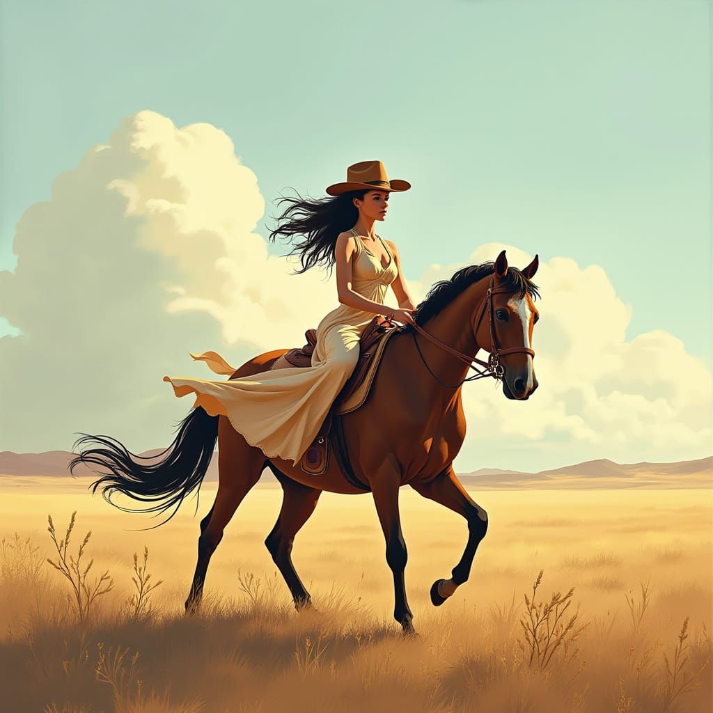 Woman on Horse in Dreamy Whimsical Style