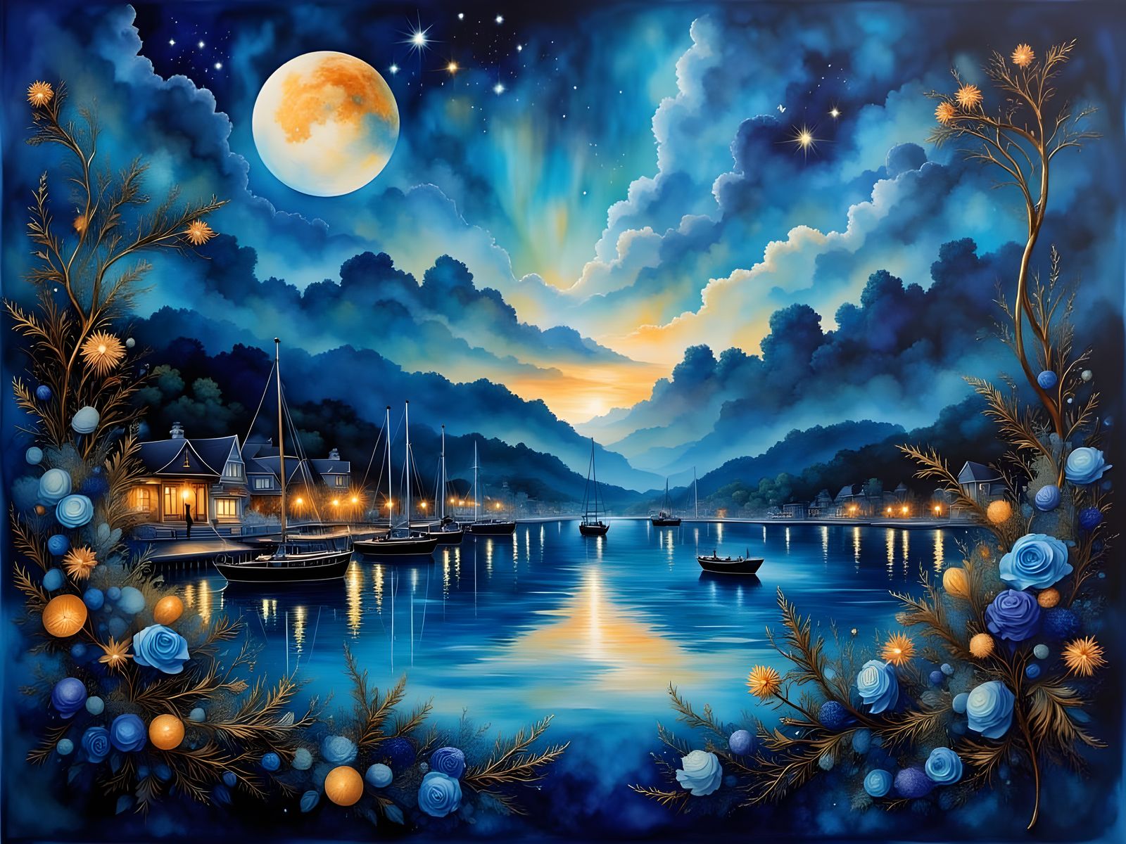 Midnight Blue Marina with Gold, Illustrative Style