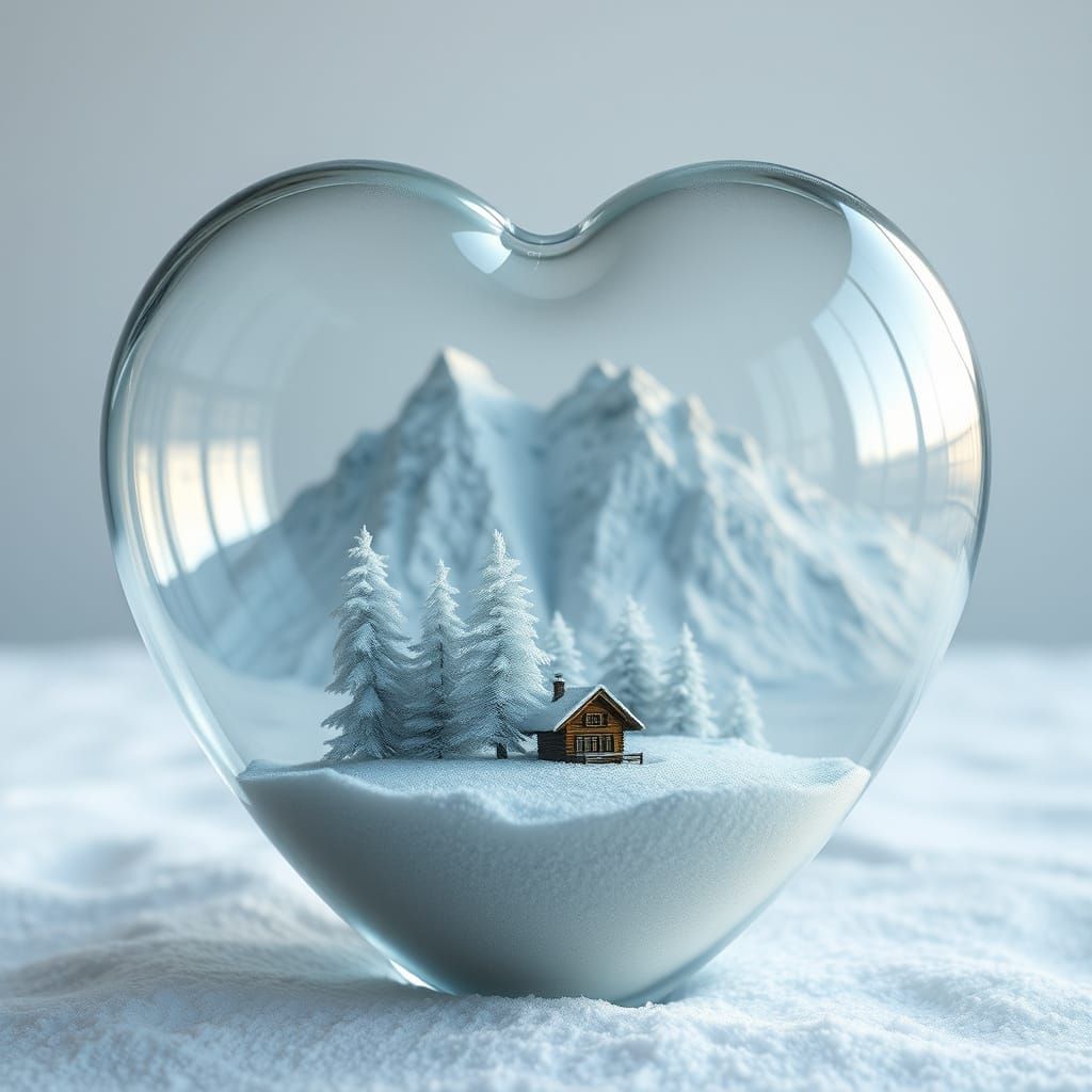 Glass Heart with Snowy Landscape, Dreamy and Ethereal