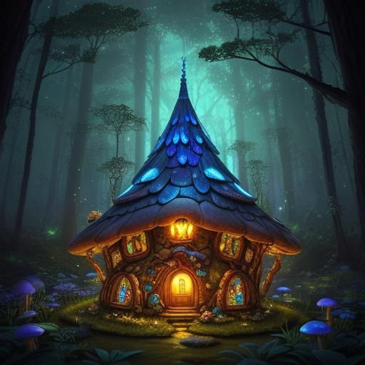 Enchanted Fairy Mushroom Abode in Radiant Bioluminescent Woo...