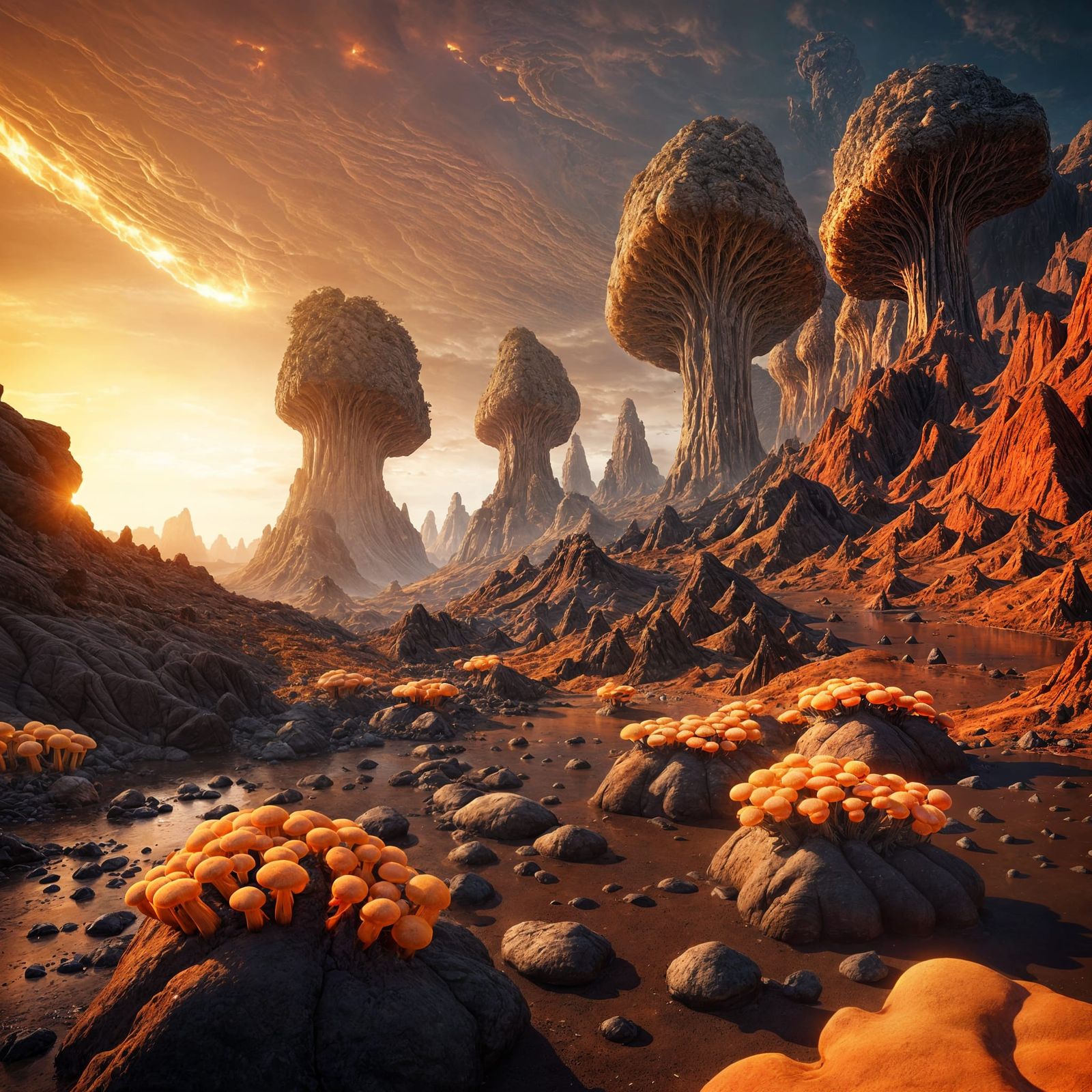 Bizarre Alien Canyon with Lava and Bioluminescent Flora