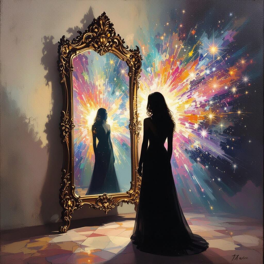 Silhouette Gazes into Mirror Reflecting Abstract Transformat...