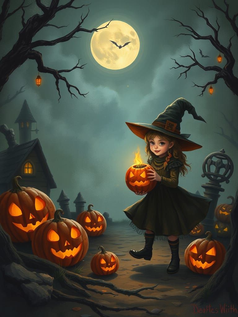 Ancient Witch Trick-or-Treating in Dark Fantasy Style