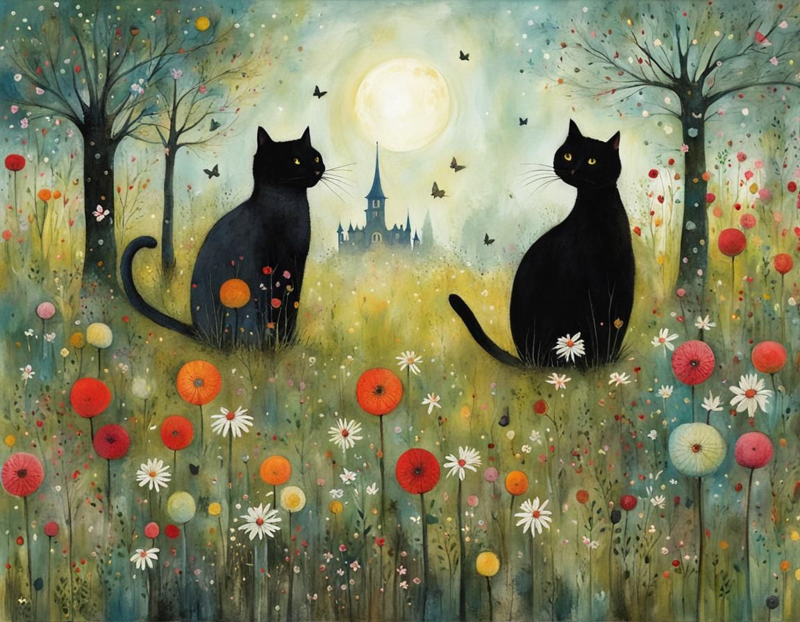 Two Cats in a Magical Garden Illustration