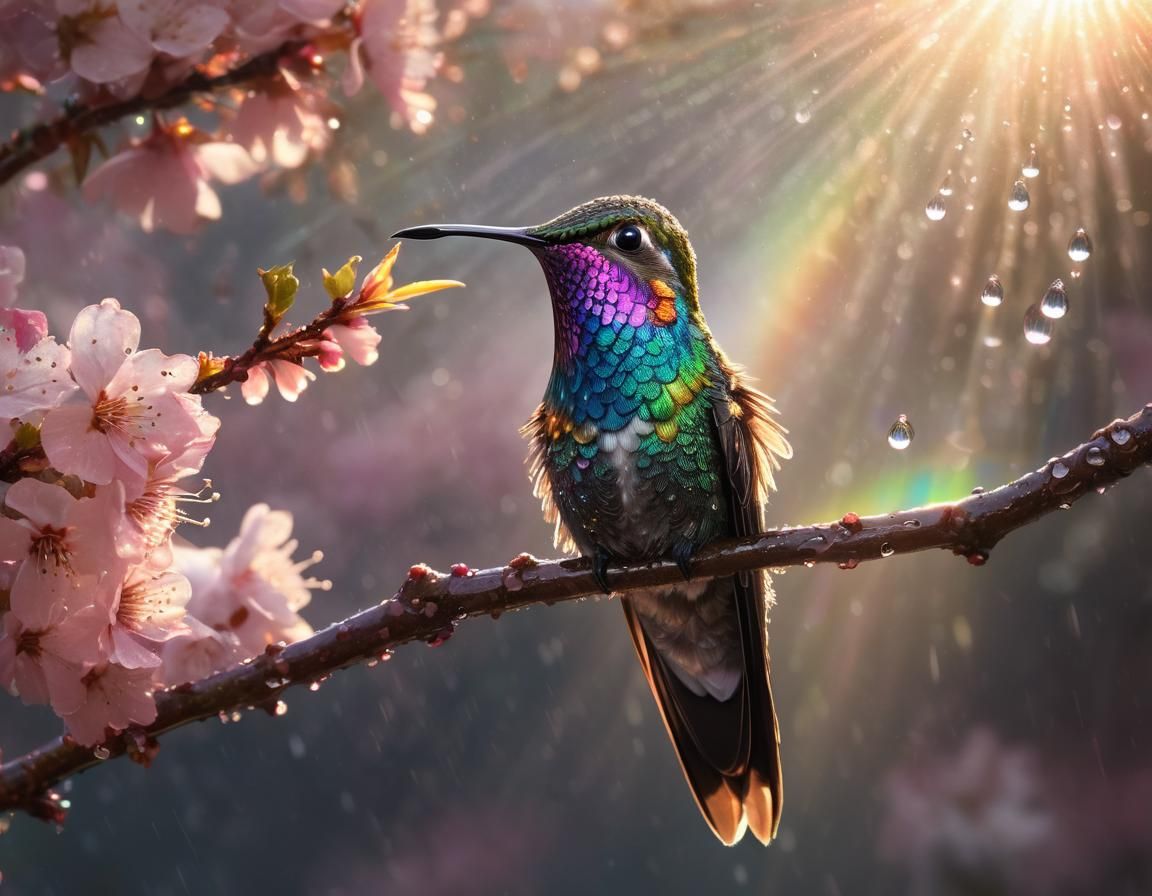 Hummingbird with Rainbow Dew Drops on Cherry Blossom