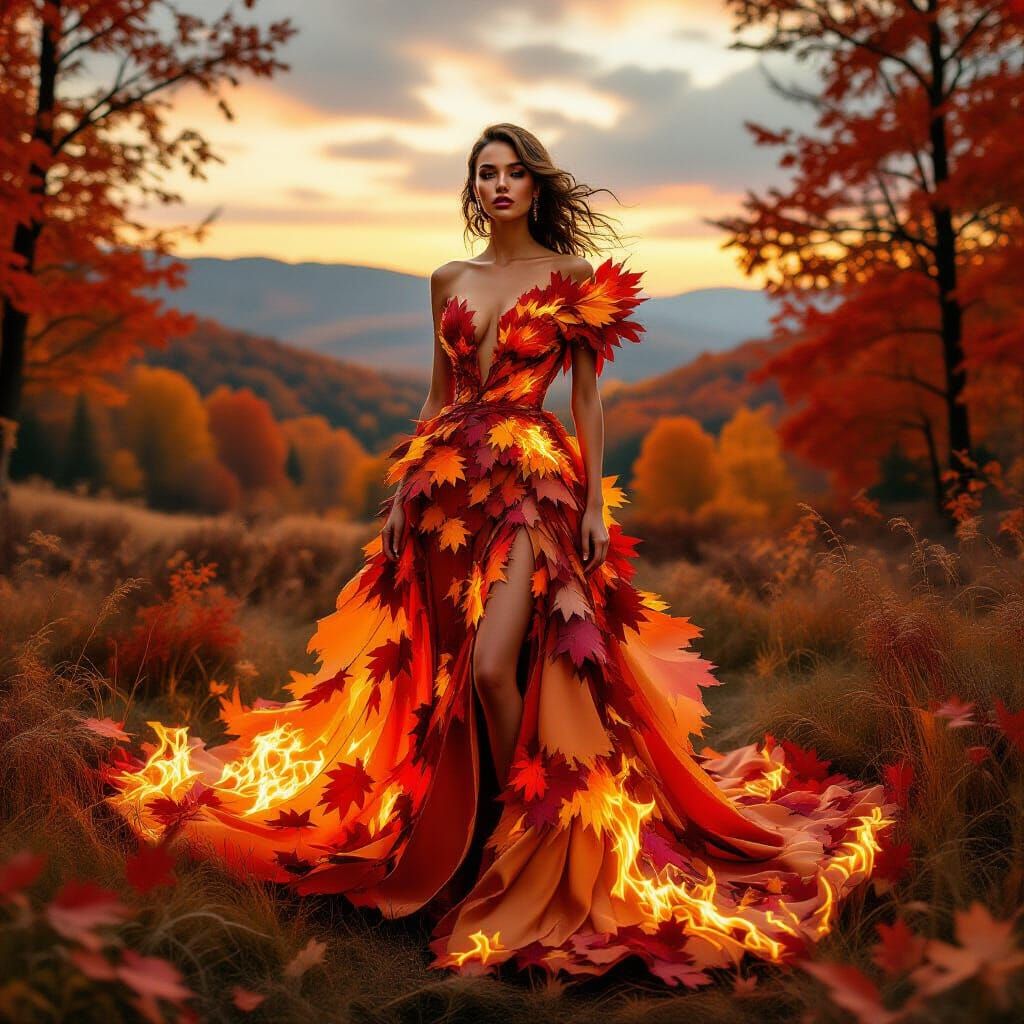 Surreal Portrait: Woman in Fiery Autumn Gown