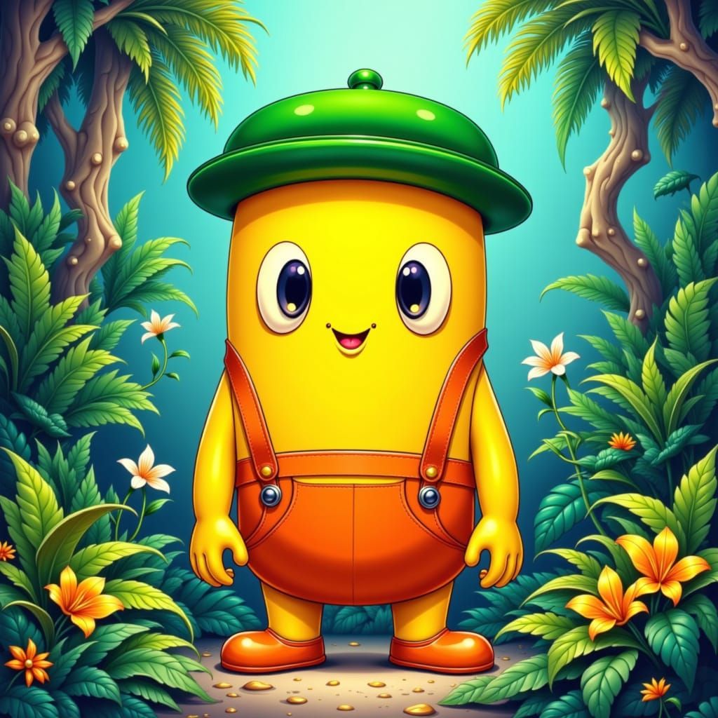 Yellow Monster Foo in Tropical Forest, Digital Art