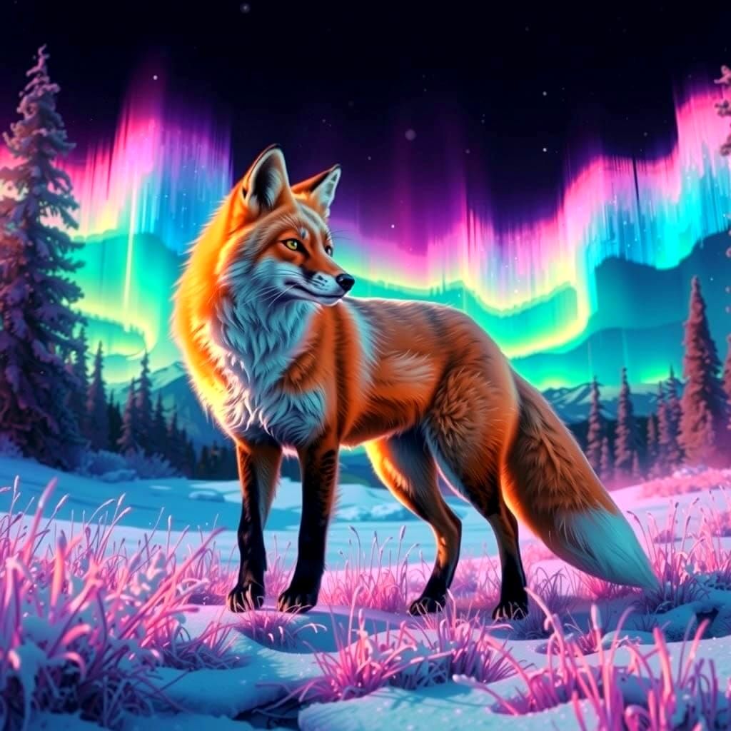 Vaporwave Fox Leaps Across Glowing Winter Landscape