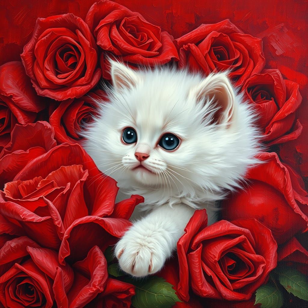 Cute Kitten Surrounded by Impressionist Red Roses