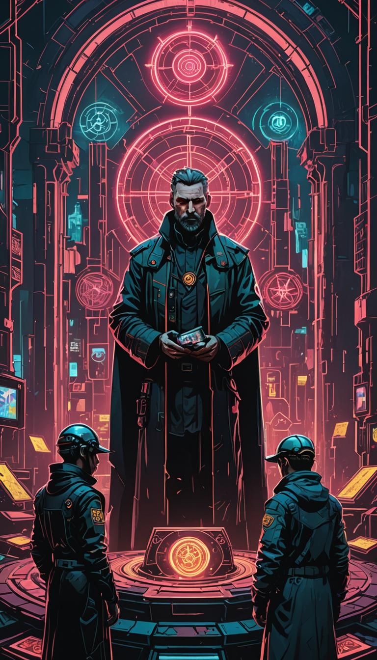 Three of Pentacles Tarot Card in Cyberpunk Style