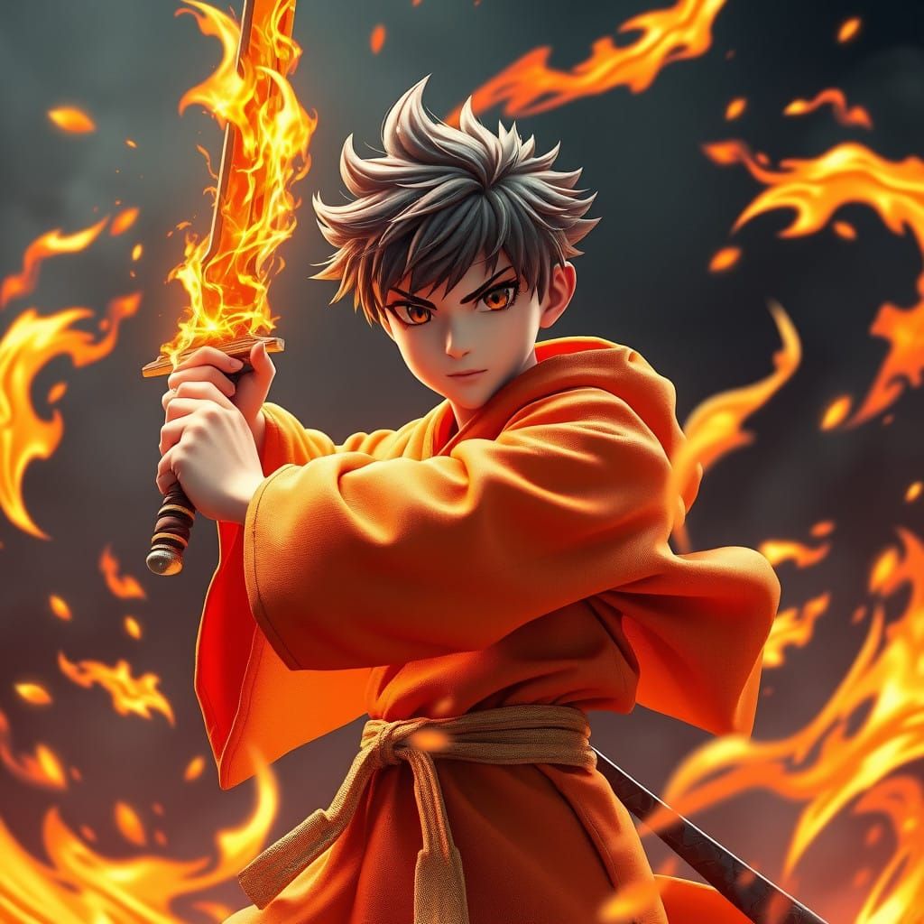 Heroic Anime Warrior Amidst Swirling Flames in Epic Cyberpun...