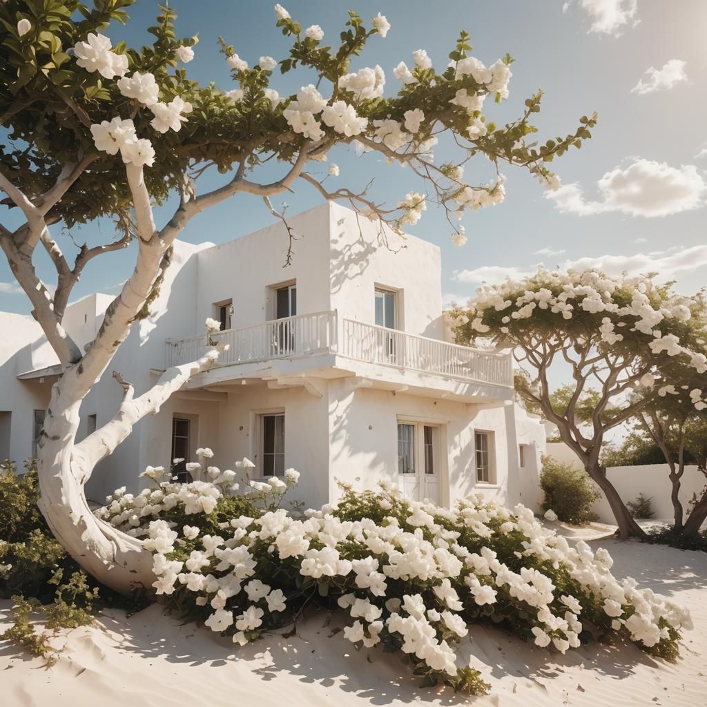 Surreal White House with Bougainvillea, Impressionist Style