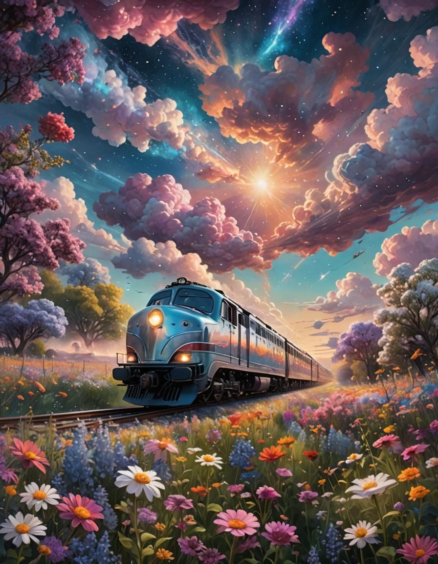 Train Through Flower Field with Cloud Animals