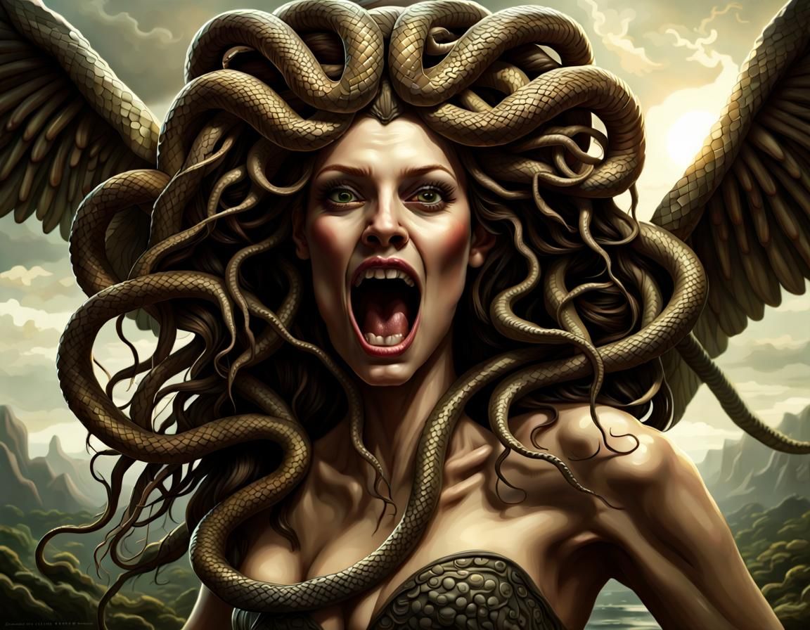 Hyperrealistic Medusa with Snakes, Digital Horror Art