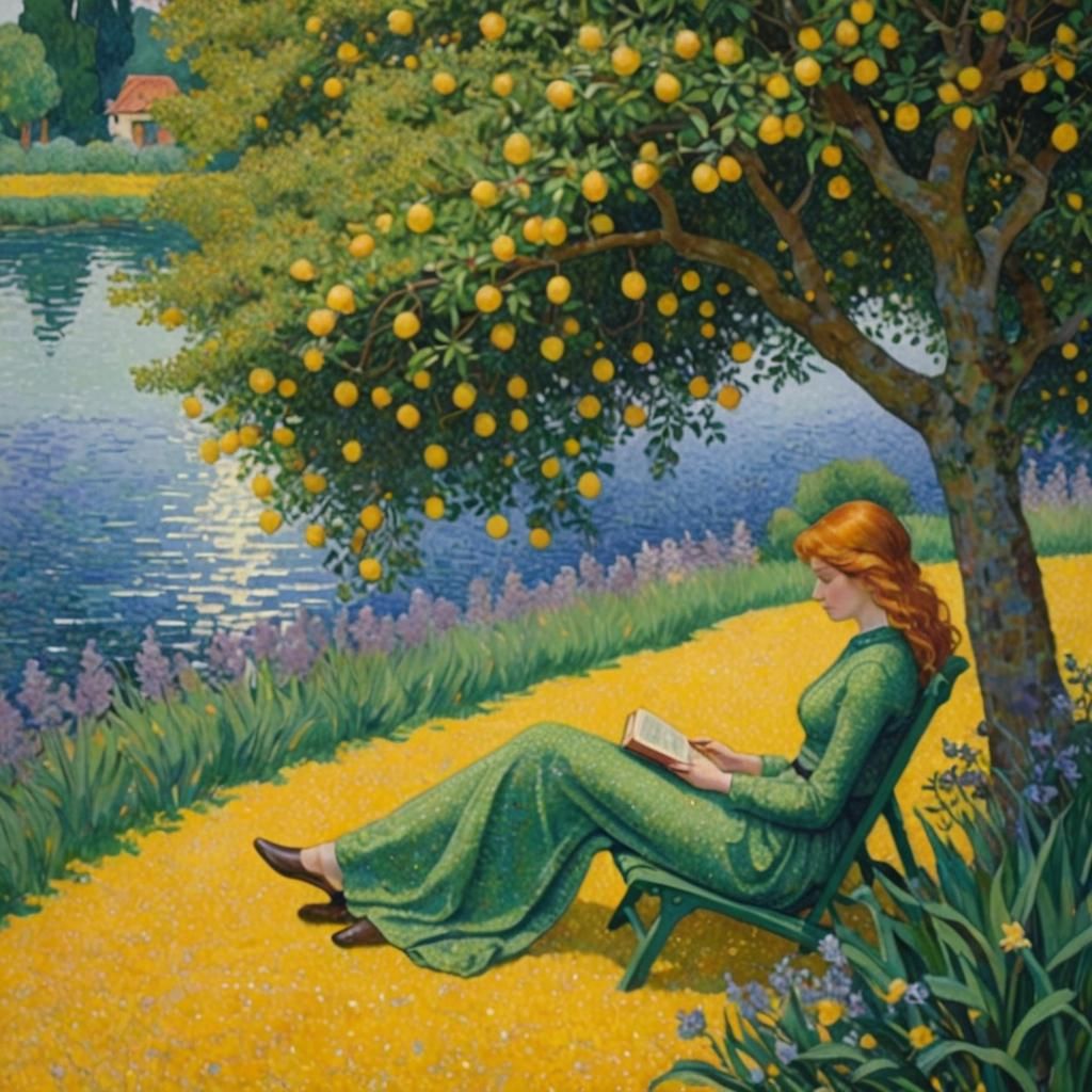 Pointillism  - Woman Reading Under Lemon Tree