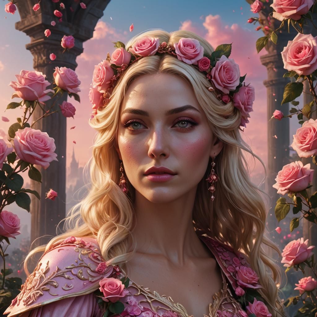 Goddess Portrait in Pink and Roses, Detailed Matte Painting