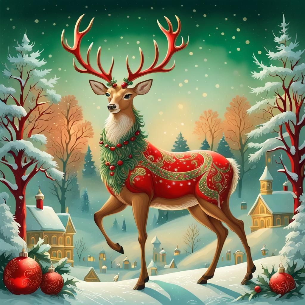 Festive Christmas Deer in Palekh Style