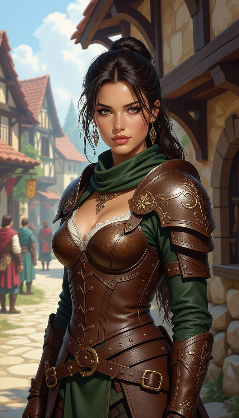 Feminine Warrior in Leather Armor Outside Village Tavern