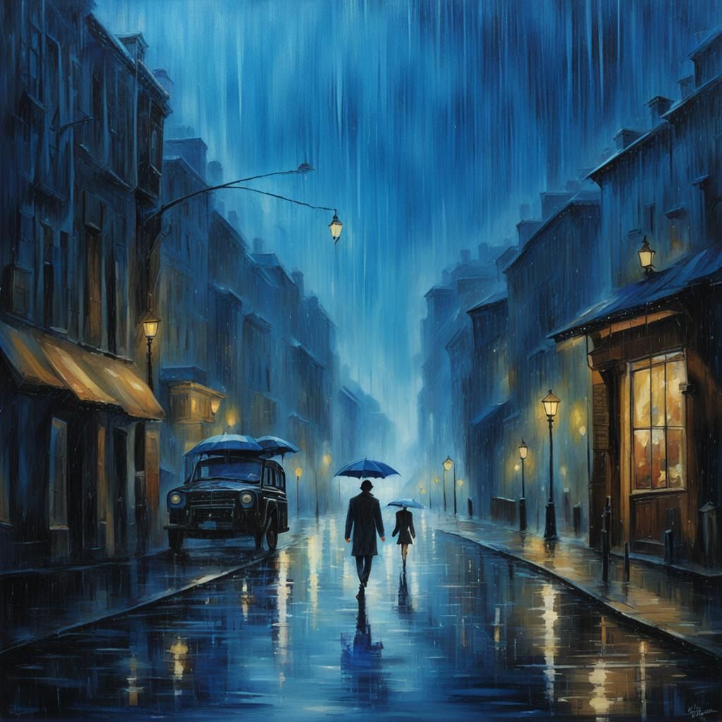 Person Walking in Blue Rain