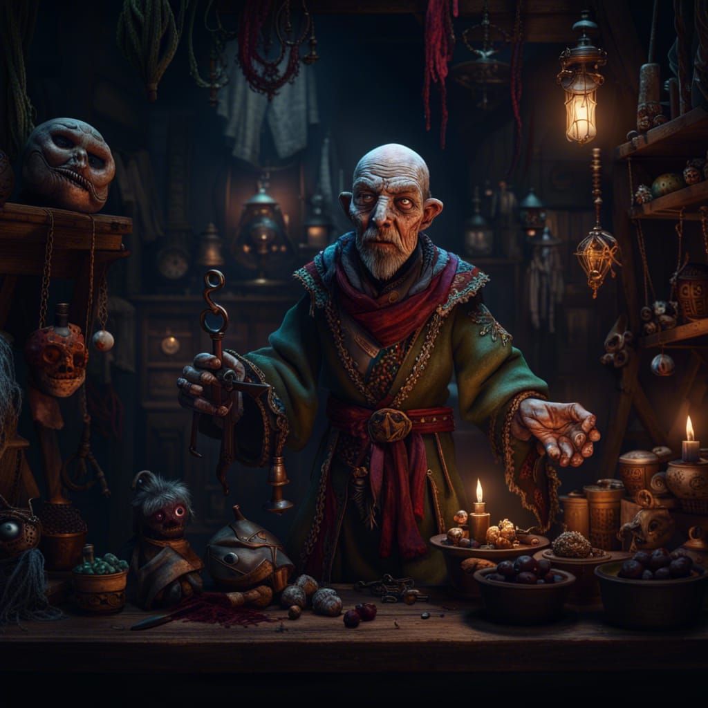 Creepy Merchant Selling Animated Puppets: Dnd Art