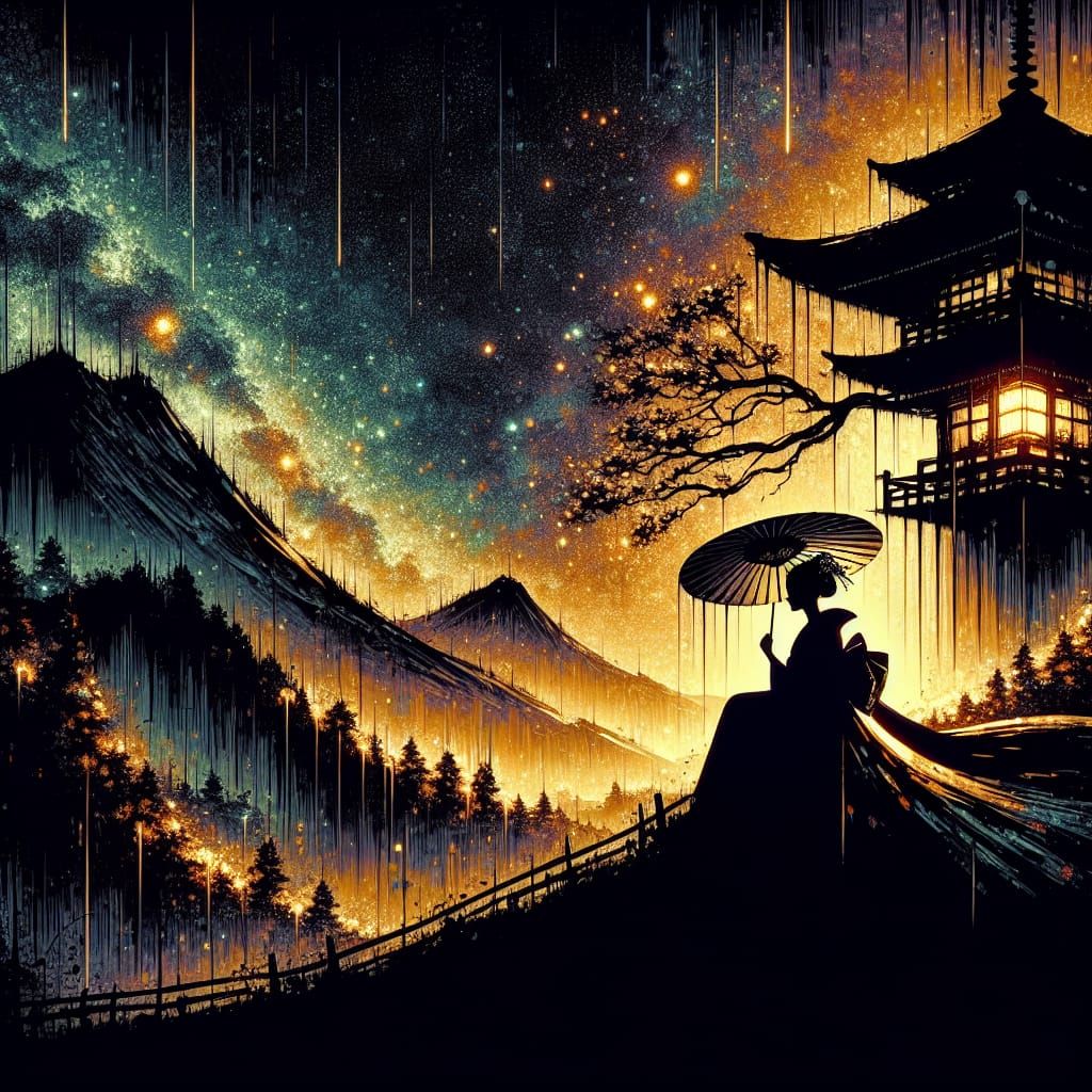 Geisha Silhouette Under Lantern in Starry Night