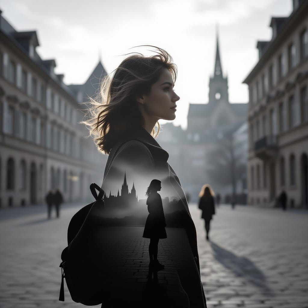 Double Exposure Portrait of a Woman and Her Youthful Memorie...