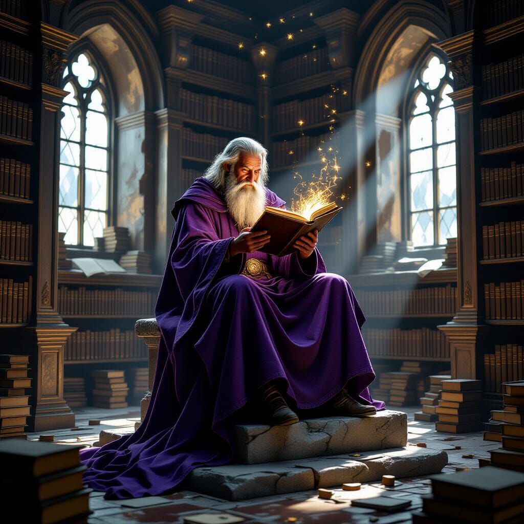 Ancient Scholar in Dusty Library, Illuminated Book