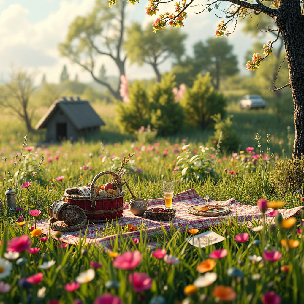 Dreamlike Picnic Scene in Lush Meadow