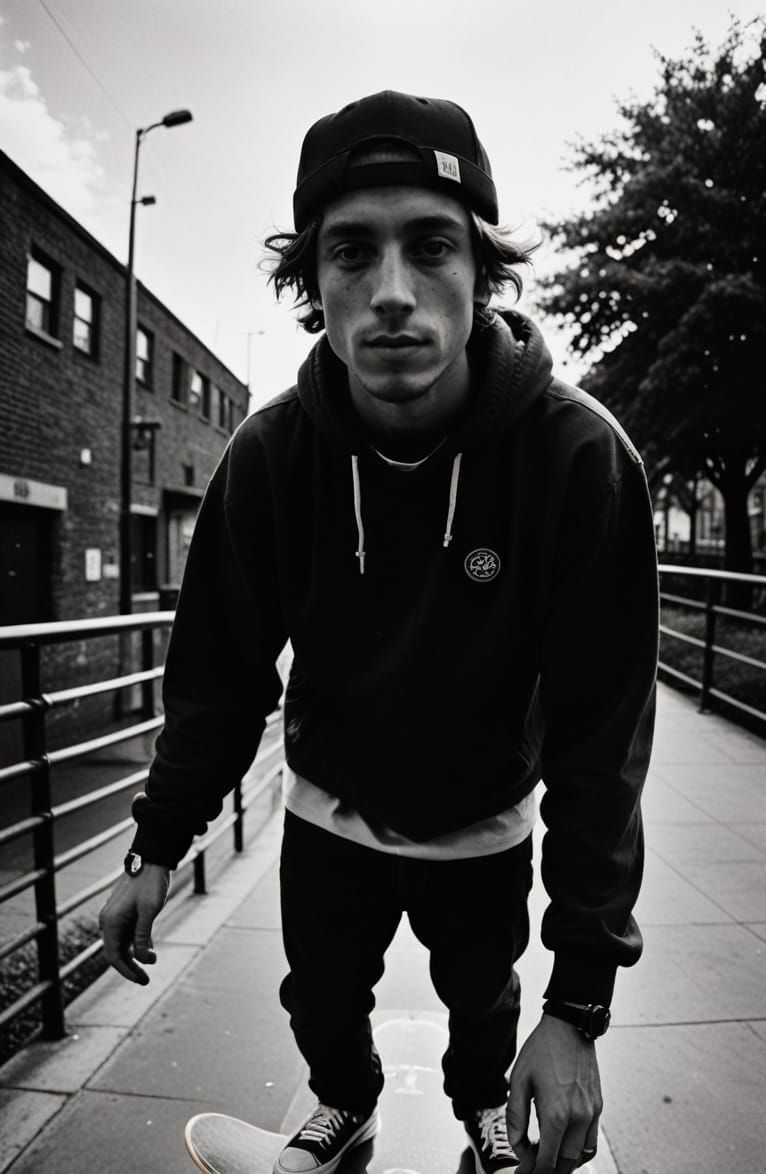 photo in the style of Andre Kertesz and Thrasher magazine taken in the 1990s, 
Distortions of a stretched Skate Boarder ...