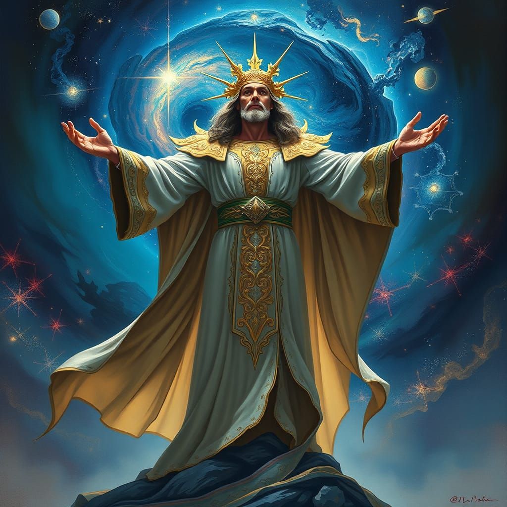 Celestial Figure Commands Galaxy in Futuristic Style