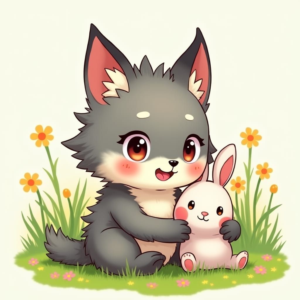 Chibi Baby Werewolf with Stuffed Rabbit