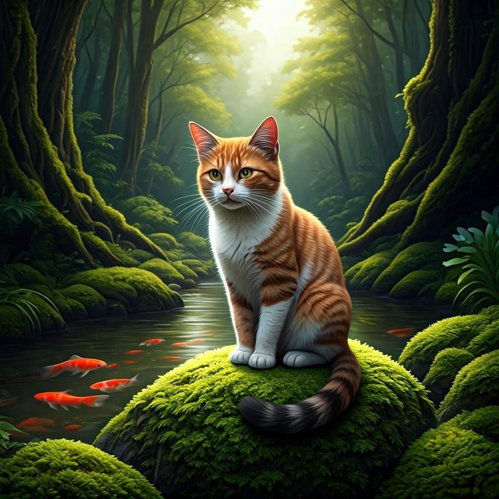 Ginger Cat Watching Koi Fish in Emerald Forest
