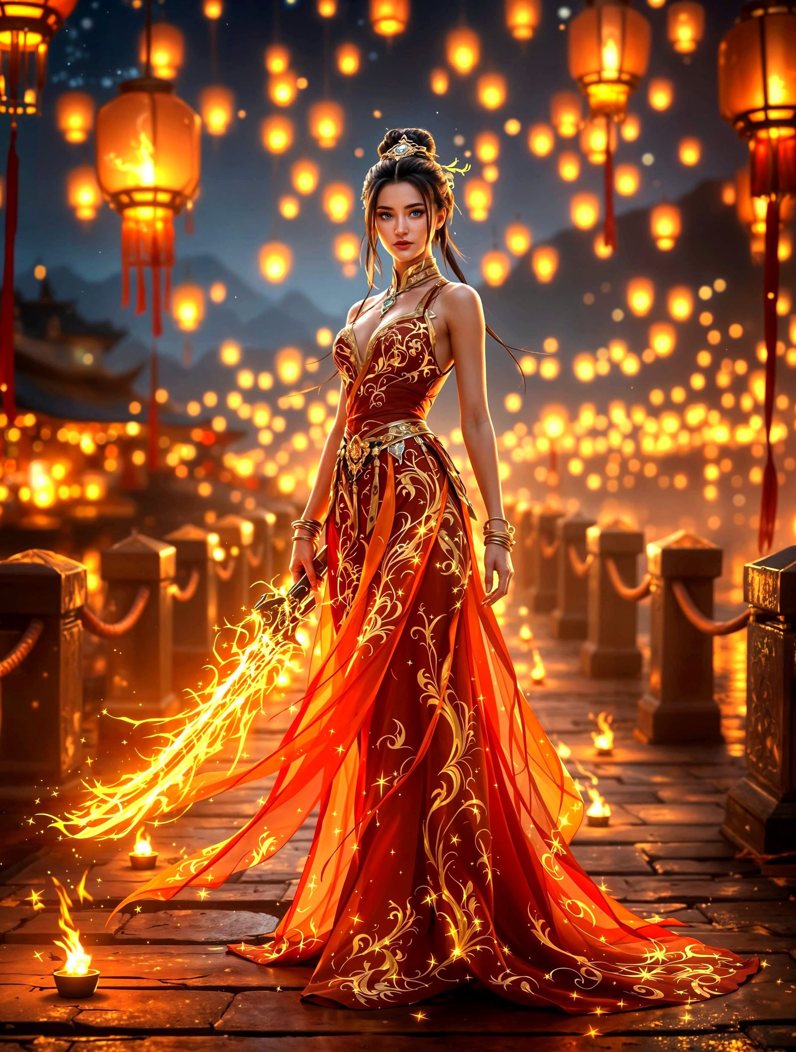 Elegant Adventurer in Lantern Light