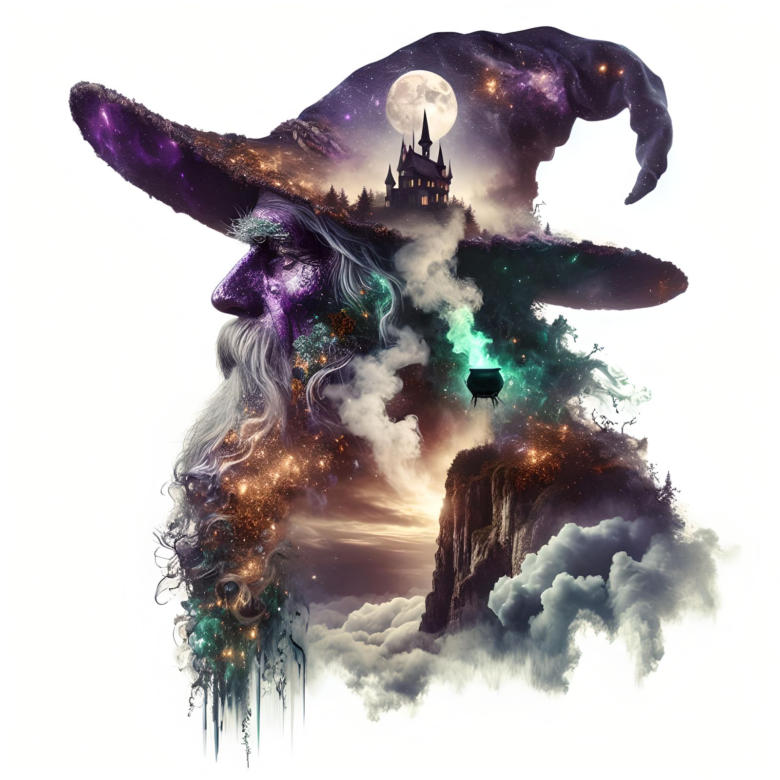 Ethereal Wizard Portrait with Double Exposure Effect