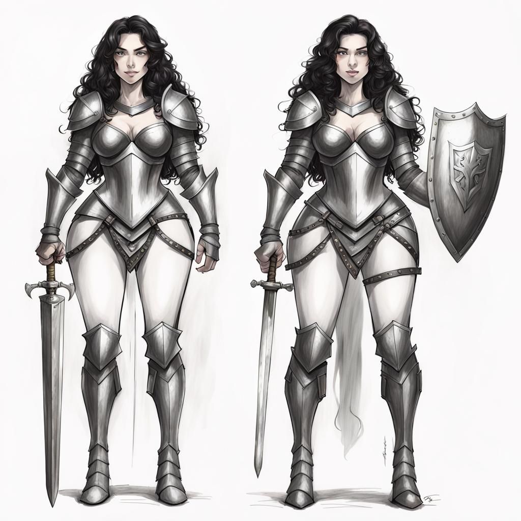 Curvy Female Knight Character Design in Pencil