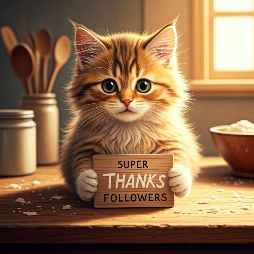 Whimsical Kitten Thanking Followers in Watercolor Style